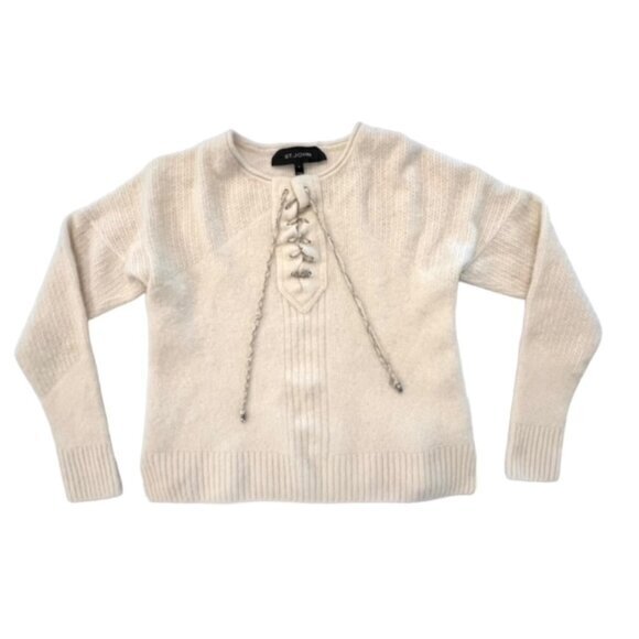 St. John Ivory Cashmere Silk Sweater Drawstring Neck Metal/Fabric‎ Size Small - Picture 1 of 12